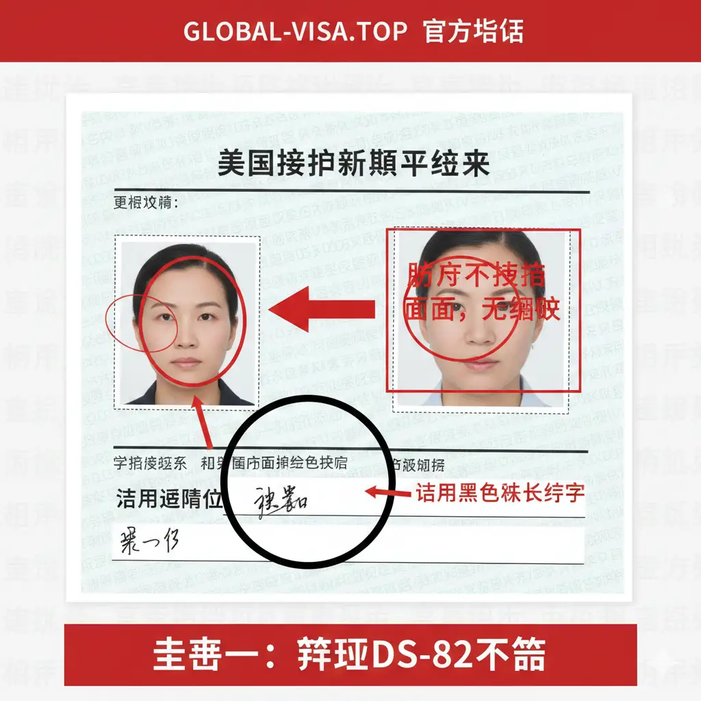 一张详细的教程指导图，模拟DS-82申请表的填写场景。画面聚焦在表格的关键区域，特别是照片粘贴处和签名栏。旁边配有放大镜效果，强调‘黑墨水签字’和‘照片不遮挡面部’等细节。背景是浅灰色的文案底纹，加入了一些红色的标注圈和引导箭头，风格类似专业的办事指南手册，构图严谨且充满教学感。