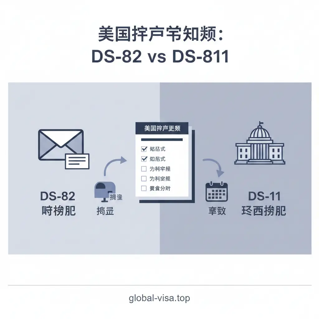 A clean, split-screen infographic style image. On the left, an icon of a mail envelope representing the DS-82 mail-in process; on the right, an icon of a government building representing the DS-11 in-person application. The central focus is a conceptual 'US Passport Renewal Form' document with checkmarks. The style is flat vector illustration with a professional blue and grey corporate color scheme. The layout clearly distinguishes between the two application paths, using visual cues like a mailbox and an appointment calendar.