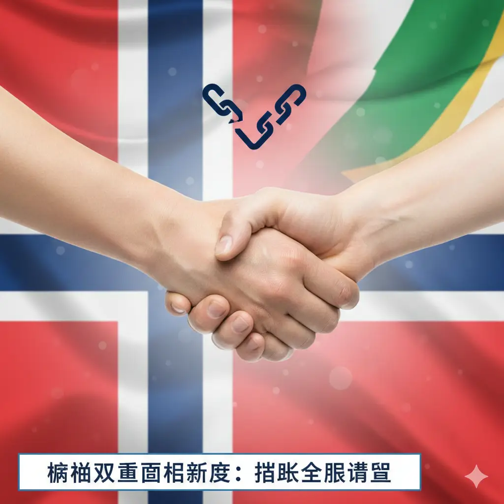 视觉化呈现挪威承认双重国籍的新政优势。画面中两只手紧紧握在一起,背景是半透明的叠加效果,展示了两面国旗的色彩元素(如挪威国旗与另一国国旗的色彩融合)。中心视觉焦点是一个断开的锁链图标,象征着不再需要放弃原国籍的束缚。风格现代简约,光线明亮,充满希望感,强调政策的包容性与全球化视野。