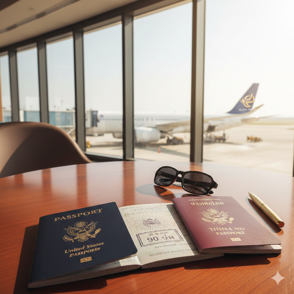 A conceptual image highlighting the advantages for dual citizens. It features two passports—a US passport and a Thai passport—resting on a wooden table at an airport lounge.