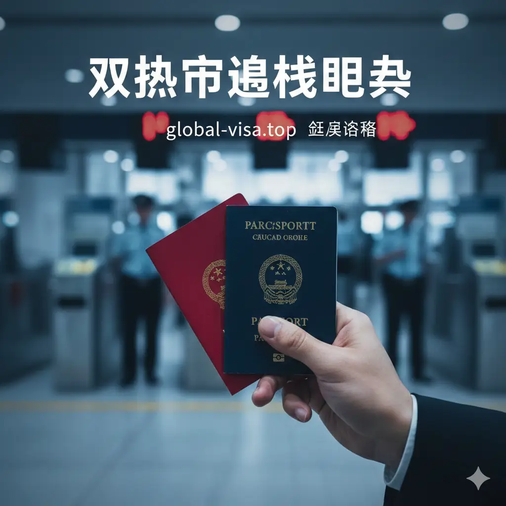 一张极具张力的电影质感特写,背景是模糊但可辨认的国际机场边检柜台。前景展示一只略显紧张的手拿着两本护照(一本红色封面,一本深蓝色封面),暗示双重国籍的身份。背景中,电子通关闸机的红色LED灯光和身穿制服的海关人员剪影营造出一种压迫感和严肃的氛围。冷色调的灯光与红色的警示光形成对比,视觉上直接传达“双护照被抓”的风险与焦虑感,适合作为警示类文章的封面。