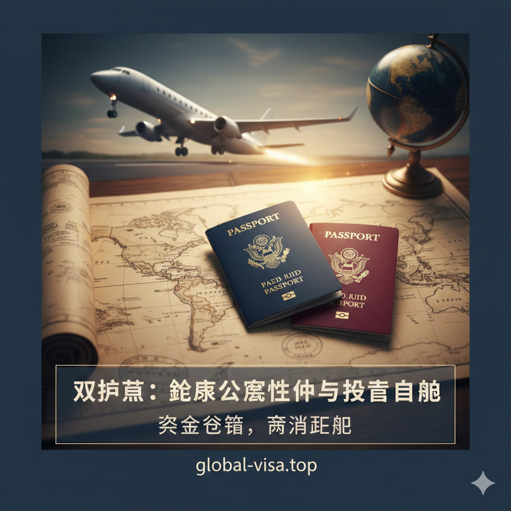 一张极具质感的高端商务风格封面图。画面中心是一张精致的复古世界地图，地图上放置着两本不同颜色的通用护照（例如一本深蓝色和一本酒红色），护照封面印有烫金的国徽图案，象征着全球通行权。背景中虚化展示了一架正在起飞的商务飞机和地球仪，光线采用暖色调的金色和深邃的商务蓝，营造出精英阶层、全球资产配置和自由出行的尊贵氛围，完美契合global-visa.top的专业形象。