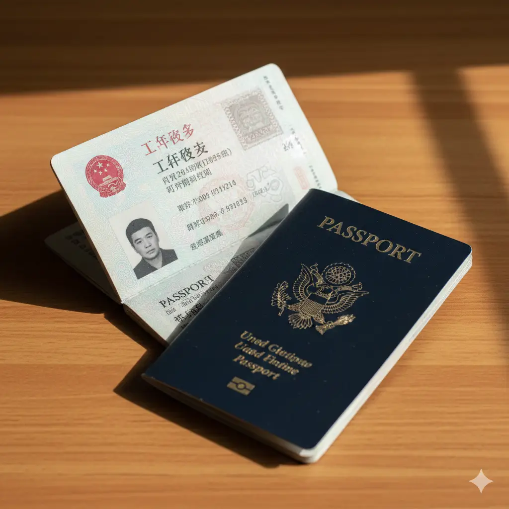 展示‘新旧护照共同使用’这一核心优势的视觉图。画面中两本美国护照错落摆放，一本翻开展示有效的十年中国签证，另一本展示最新的个人信息页。背景是温暖的木质桌面，侧光营造出质感。这种构图旨在直观告诉用户十年签证换新护照后的便捷解决方案，消除旅行者的疑虑，体现站点的专业深度。