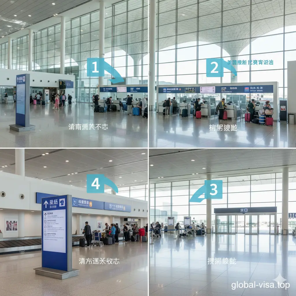 一张流程引导风格的实景合成图。背景是迪拜国际机场（DXB）宽敞明亮的到达大厅。画面中用清晰的半透明箭头和数字（1-4）展示入境步骤：从走下飞机、经过Immigration柜台到提取行李。图片包含近景的导视牌视角，上面印有中英文对照的‘Arrivals’标志。色调明亮自然，光线通透，营造出一种顺畅、无忧的旅行入境体验，帮助读者直观理解落地签流程。