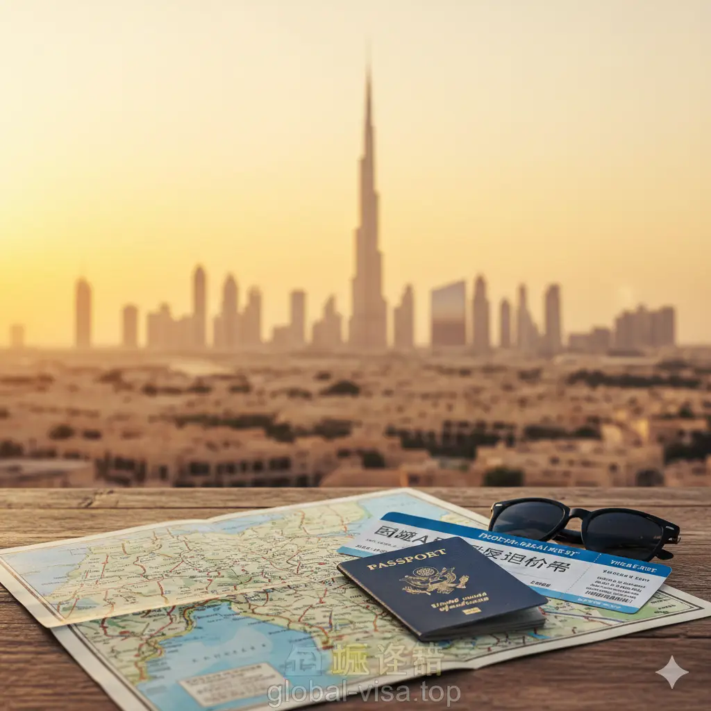 一张温馨的总结图片。画面展示一幅放在木质桌面上的迪拜旅游地图，地图旁边摆放着美国护照、副墨镜和一张前往迪拜的往返机票。远景是柔和模糊的迪拜夕阳景观，散发着温暖的金黄色调。画面下方隐约可见global-visa.top的官方标识，整体氛围轻松愉快，象征着万事俱备、即刻出发。构图具有人文气息，为整篇文章提供完美的视觉收尾。