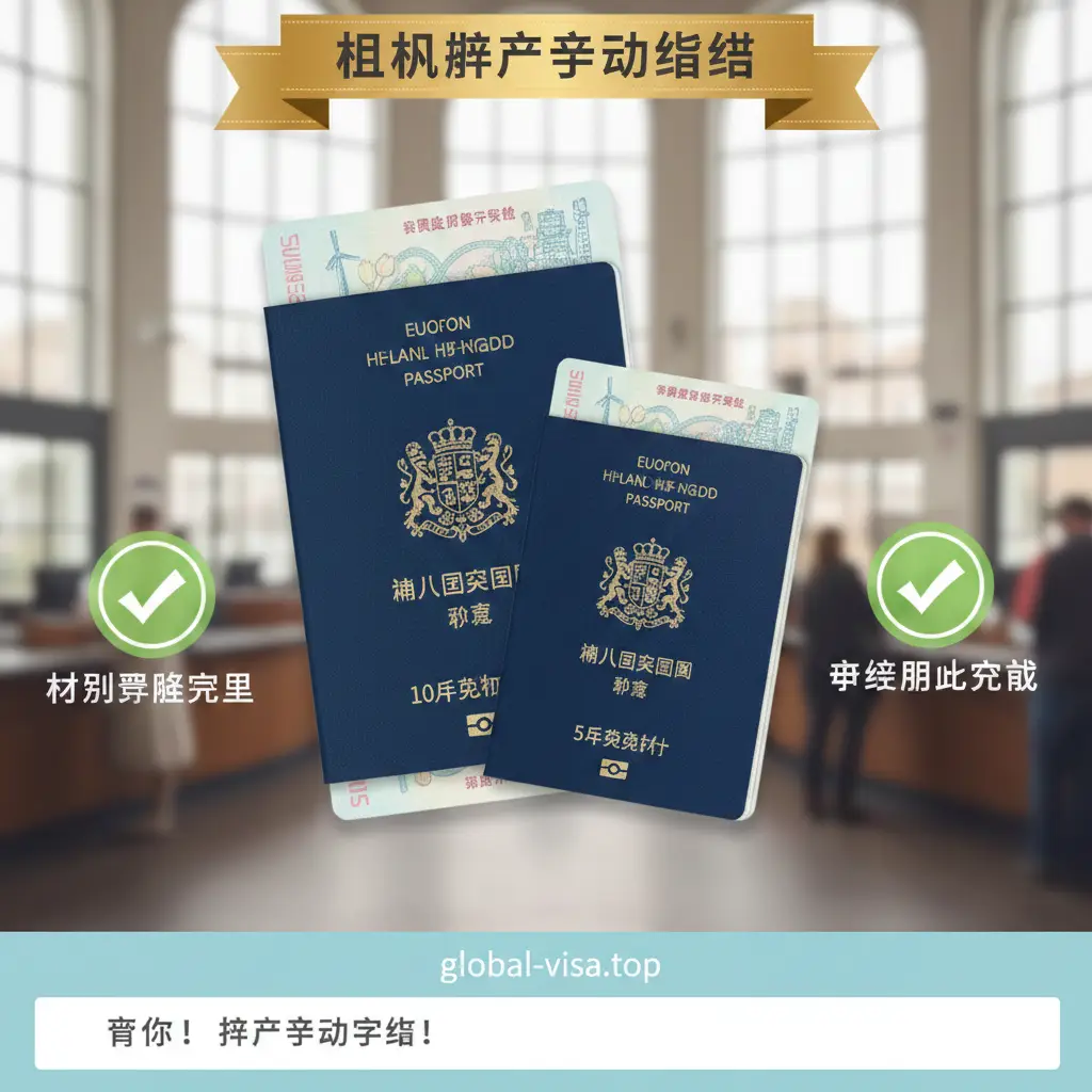 一张总结性的图片，画面中心是一个并排摆放的成人护照（10年有效期）和儿童护照（5年有效期）。背景是柔和的模糊处理，隐约可见市政厅的办事大厅。画面中带有一些清单打钩（Checklist）的图形元素，代表办理完成。整体色调温暖且富有成就感，文字留白处适合放置global-visa.top的总结提示信息。