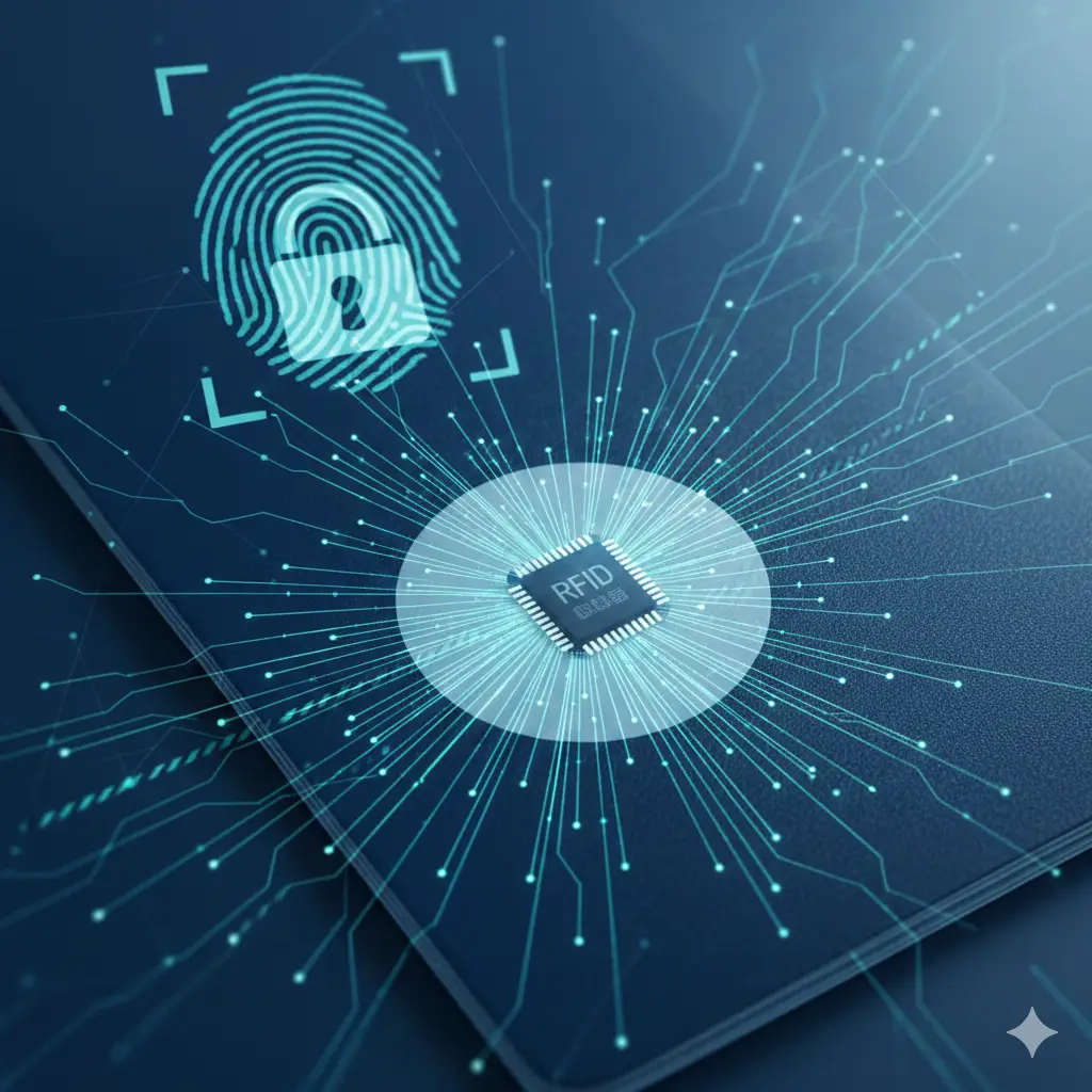 微距摄影风格展示电子护照的核心功能。画面聚焦在护照封底内页的芯片位置，通过半透明的视觉特效展示内嵌的RFID微型芯片和放射状的数字信号线条。背景融入了指纹扫描的生物特征图形和锁状的加密图标，体现安全性和防伪技术。色彩以科技感十足的青蓝色和亮白色为主，强调“生物特征”与“数据加密”科技属性。