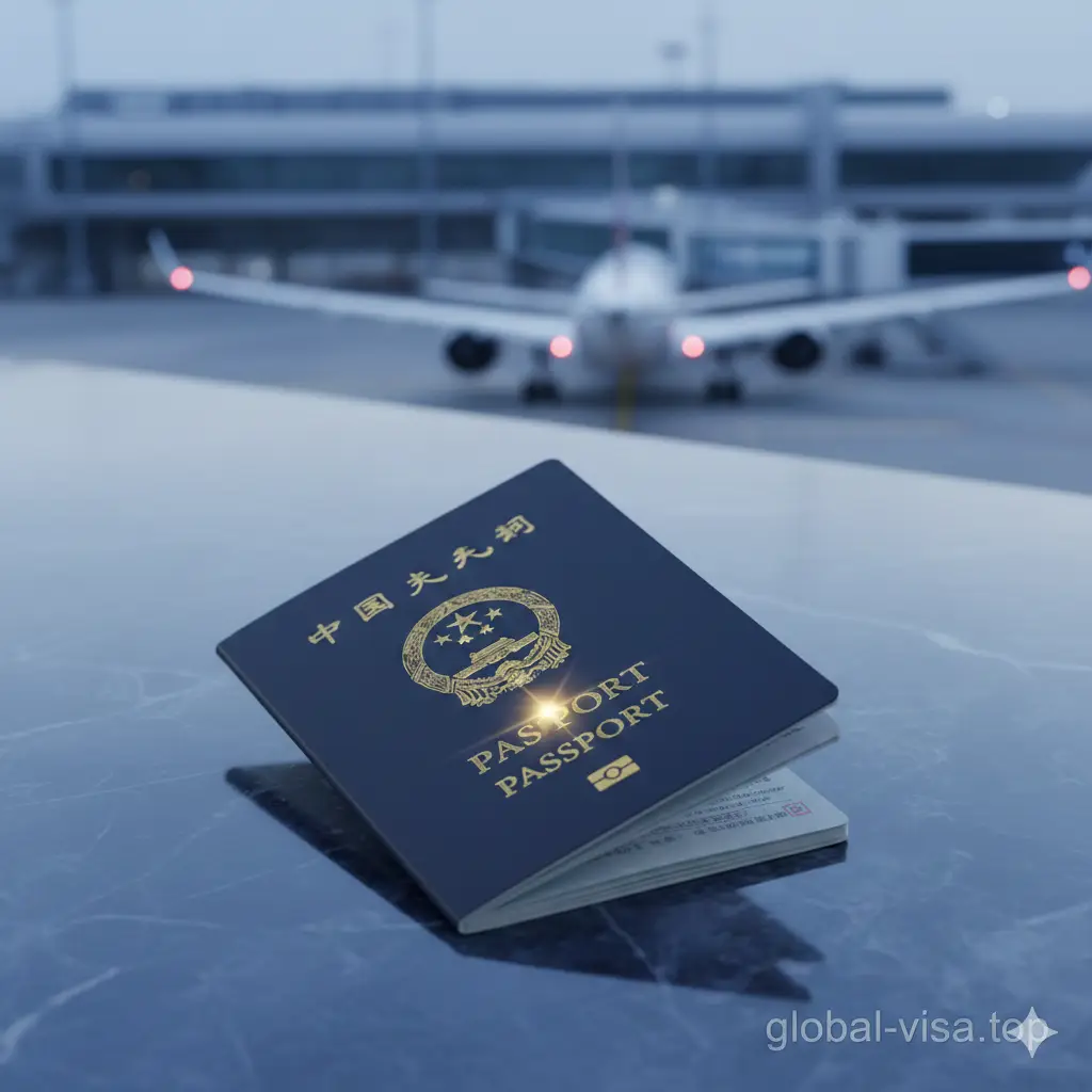 一张具有现代感和科技气息的封面图。画面中央是一本清晰的中国电子护照，封面上醒目的金色国徽和下方的电子芯片标志。护照斜放在干净的深蓝色大理石台面上，背景是模糊的航站楼登机口和一架正准备起飞的民航客机。整体色调以商务蓝和金色为主，构图采用对角线分布，光影柔和，展现出高端、专业且现代的全球旅行氛围。