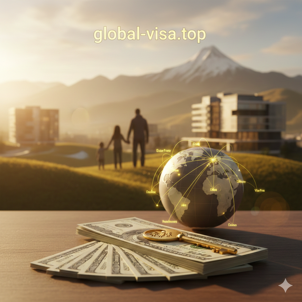 A conceptual image representing the economic and strategic advantages of Ecuador. It features a stack of US Dollar bills, a golden key symbolizing citizenship, and a family silhouette in front of a modern Andean landscape. The style is warm and optimistic, using golden-hour sunlight. The composition emphasizes security, financial stability, and the 'Plan B' aspect of obtaining an Ecuadorian passport through investment.
