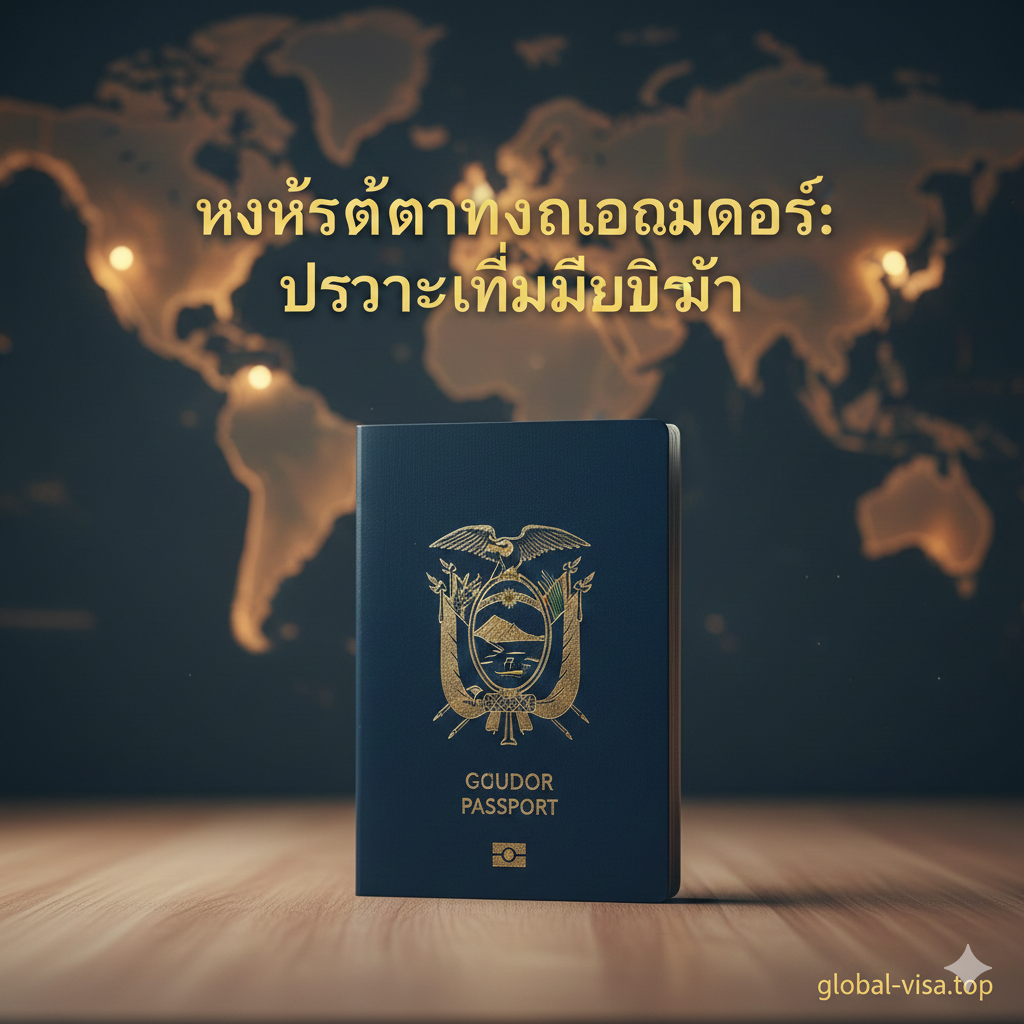 A high-quality, professional cover image featuring a navy blue Ecuador passport placed prominently on a clean, modern desk. In the background, a blurred world map with soft lighting highlights regions like South America and Asia. The color palette is professional with deep blues, gold accents from the passport emblem, and warm ambient light. The composition is a close-up shot with a shallow depth of field, symbolizing global mobility and freedom.