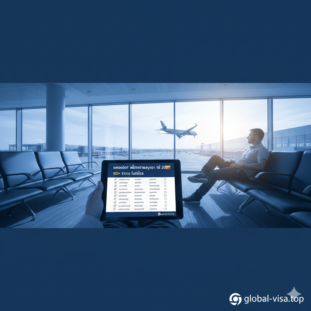 A summarizing visual showing a traveler at a modern airport lounge looking out at an airplane taking off. On a digital tablet in their hand, a checklist of 90+ visa-free countries is visible. The image uses a panoramic composition with cool blue tones and bright natural light coming through the terminal windows. It conveys a sense of accomplishment, freedom, and the global-visa.top brand's message of borderless travel.
