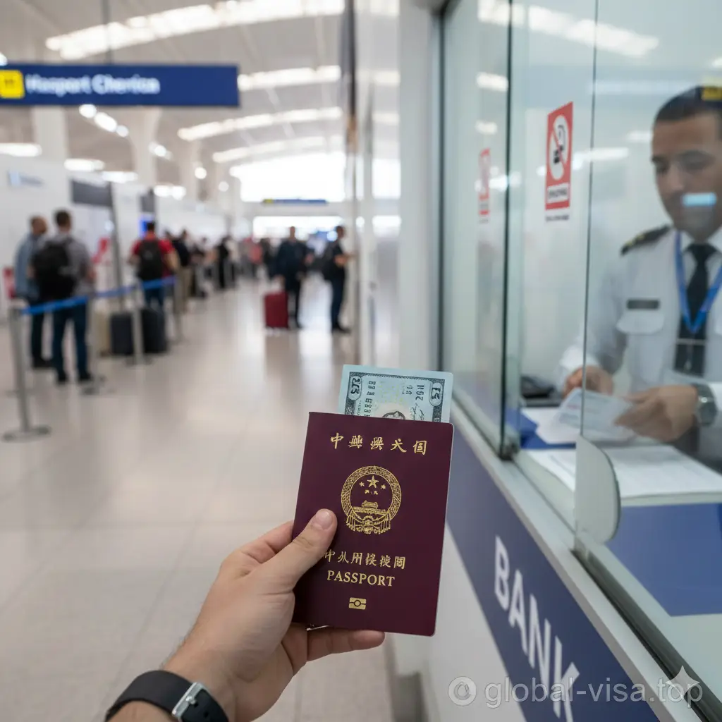 实景风格的教程指导图。模拟开罗机场内部视角，展示机场银行柜台（Bank）窗口的情景。画面中，一只手拿着25美元现金和中国护照递向窗口，背景中隐约可见'Passport Control'的指示牌。构图聚焦于办理签证贴纸的动作细节，色调写实，光线自然，为读者提供第一人称视角的入关指南，消除对陌生环境的焦虑感。