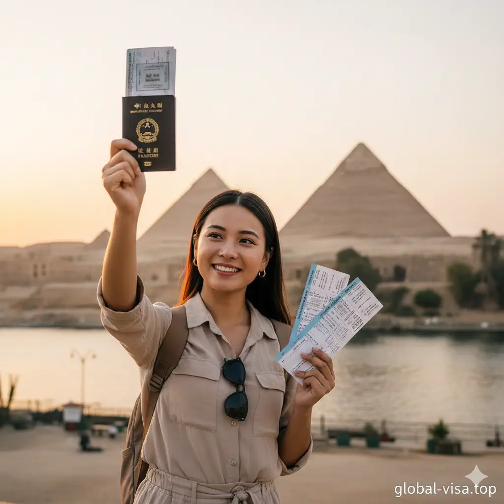 温馨的总结图片。画面展示一位满脸笑容的中国年轻游客站在开罗老城或尼罗河畔，背景是标志性的埃及建筑。游客手中拿着盖有入境章的护照页，旁边散落着机票行程单。画面充满成功的喜悦感，光影柔和。构图平衡，留白区域暗示旅程的圆满结束。传达出只要准备好必要材料，入境埃及签证流程非常简单丝滑的总结核心思想。