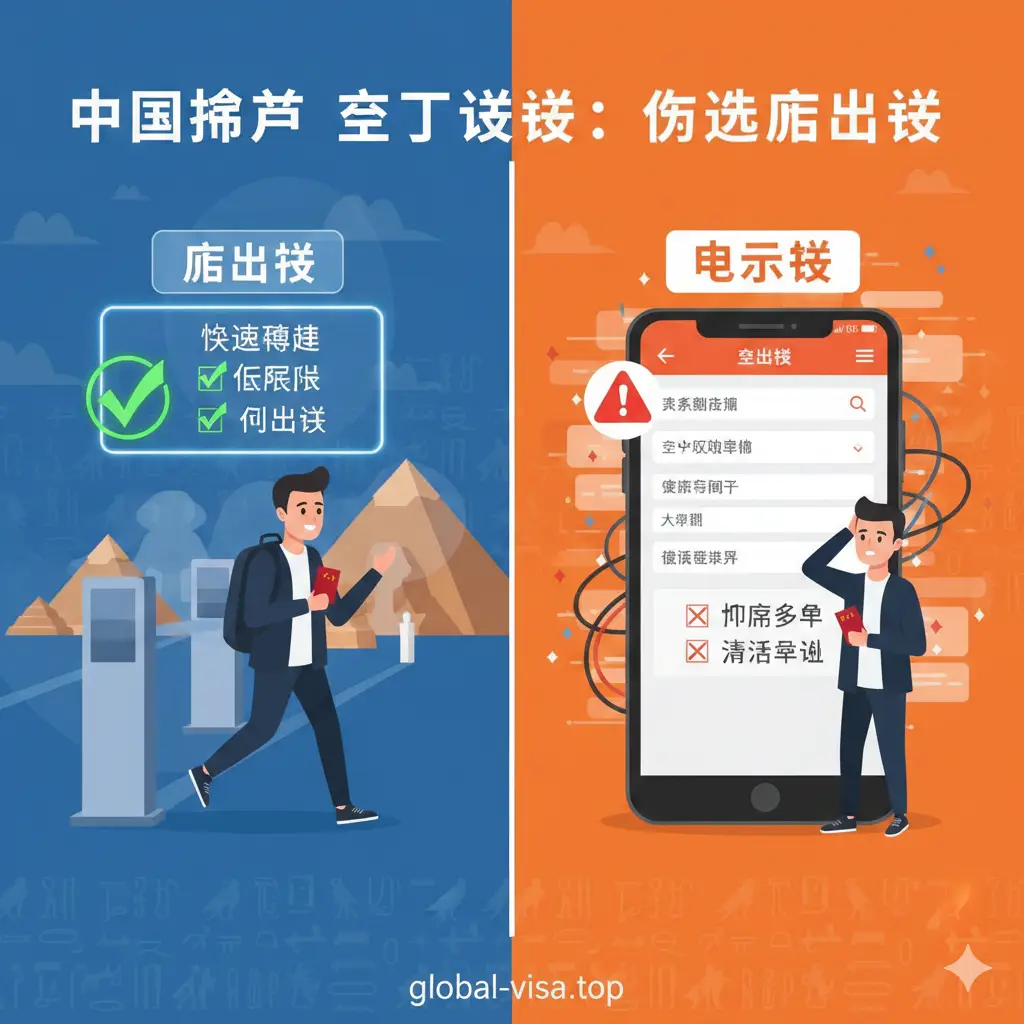 创意对比图，展示落地签相对于电子签的优势。画面左侧是一个带有绿色勾号的落地签场景，显示快速通关和低风险；右侧是带有警告标志的电子设备屏幕，暗示电子签系统的复杂性。背景结合了埃及特色的象形文字底纹，色调采用稳重的商务蓝与活力橙对比，突显落地签是当下中国游客前往埃及的最优、最稳妥选择。