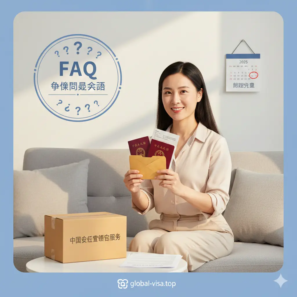 一张富有亲和力的总结图。画面展示一位海外华人收到了通过快递寄回的新旧两本护照,神情轻松。旁边配有简约的FAQ问答图标和2025年日历元素,象征办理圆满完成。色彩明亮清新,使用暖色调灯光,构图以人物和护照为中心,传递出流程可靠、高效透明的最终结果,为整篇文章做完美收尾。