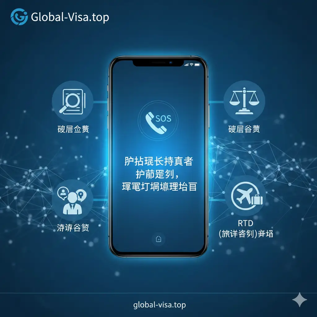 一张现代感十足的功能特性图，展示‘五步自救指南’的核心概念。画面中央是一个发光的智能手机屏幕，显示着紧急联络的图标和法律条文。周围环绕着象征‘证据收集’、‘律师咨询’、‘RTD申请’的3D图标。色彩方案以Global-Visa.top的品牌蓝色为主，辅以科技感的明亮线条。构图均衡，传达出系统化、数字化处理移民危机的专业功能感。