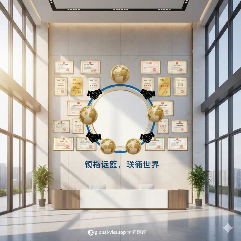 总结性视觉图片。画面展现一个现代化的企业接待大厅，前台背景墙上错落有致地悬挂着成套的营业执照保护套和多项荣誉资质。阳光透过窗户洒在墙上，整体氛围充满活力与希望。中心文字区域留白，周围点缀着象征全球商务的地球图标和握手剪影，传达出通过规范经营证件管理，助力企业从本土走向全球的愿景，品牌感强烈。
