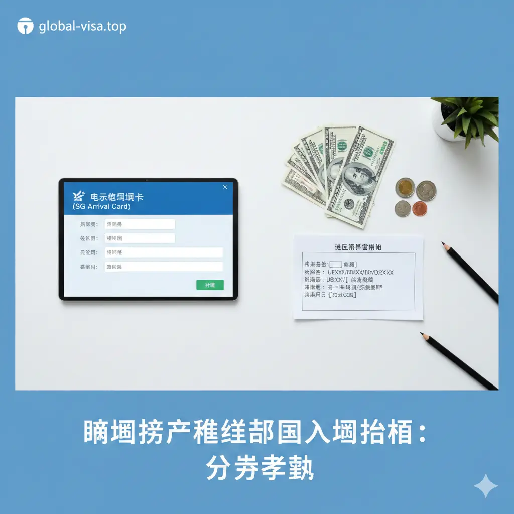 一张具有引导性的教程示意图，展示入境实操流程。画面左侧为一份清晰的电子入境卡（SG Arrival Card）模拟界面，右侧是准备好的现金（美元或泰铢）和往返机票确认单的排列。背景为简约的商务办公桌面，采用俯视视角，色彩以白色和淡蓝色为主，体现 global-visa.top 提供的严谨出行指南和操作步骤。