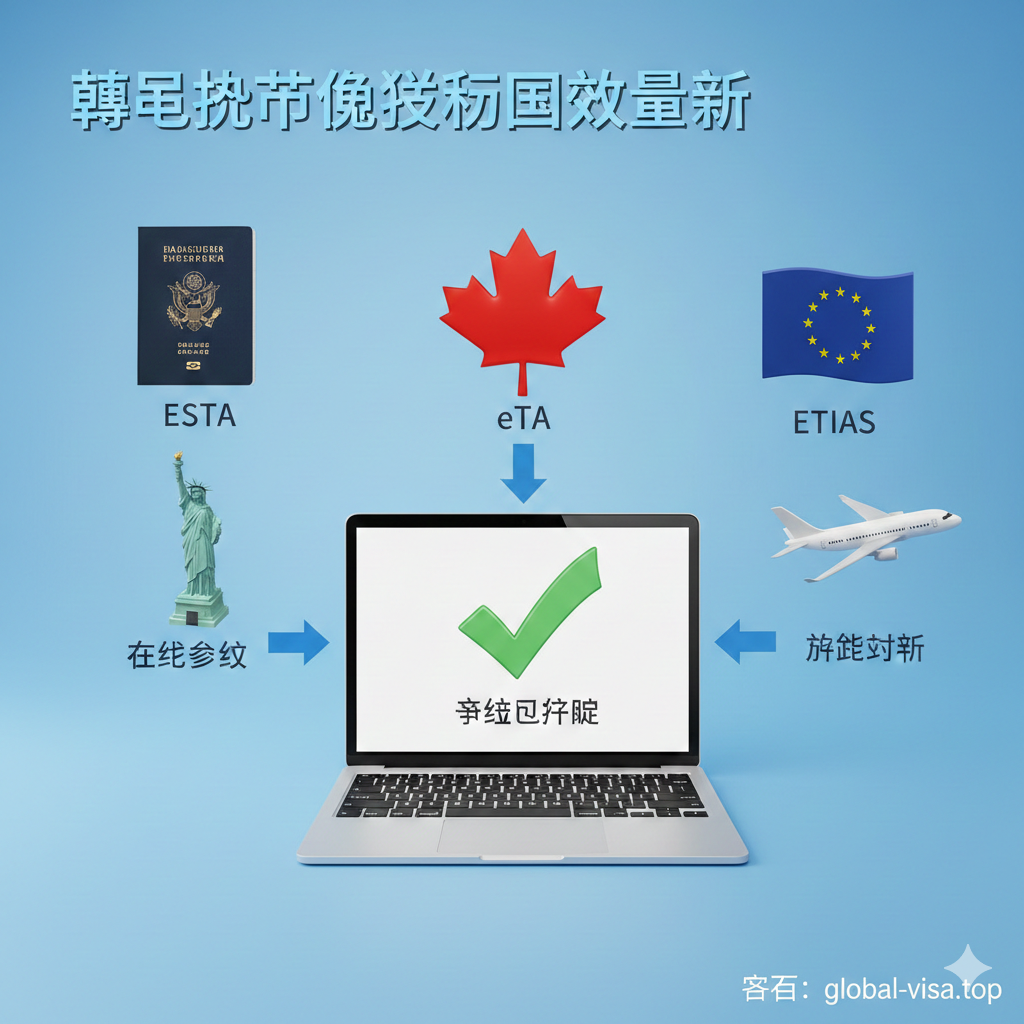 一张清晰的教程指引图，展示韩国护照持有者申请电子旅行授权的过程。画面中心是一台打开的笔记本电脑，屏幕显示'Approved'（已批准）的绿色勾选界面。电脑周围环绕着美国自由女神像、加拿大枫叶和欧盟旗帜的3D微缩模型，分别代表ESTA、eTA和ETIAS。箭头线条连接护照、电脑和起飞的飞机，形成流畅的'申请-获批-出行'流程图，风格采用扁平化矢量与写实结合，背景为科技感的浅蓝色。