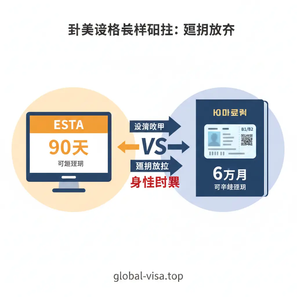 一张现代感十足的扁平化矢量插画，左右两侧对比展示。左侧代表ESTA，使用电子屏幕图标和90天数字提醒，色彩偏向警告性的橙黄色；右侧代表B1/B2纸质签证，展示护照页上的签证贴纸和6个月的时间标识，色彩偏向稳重的蓝色。中间用对比箭头连接，清晰展示两种入境方式在延期政策上的本质区别。
