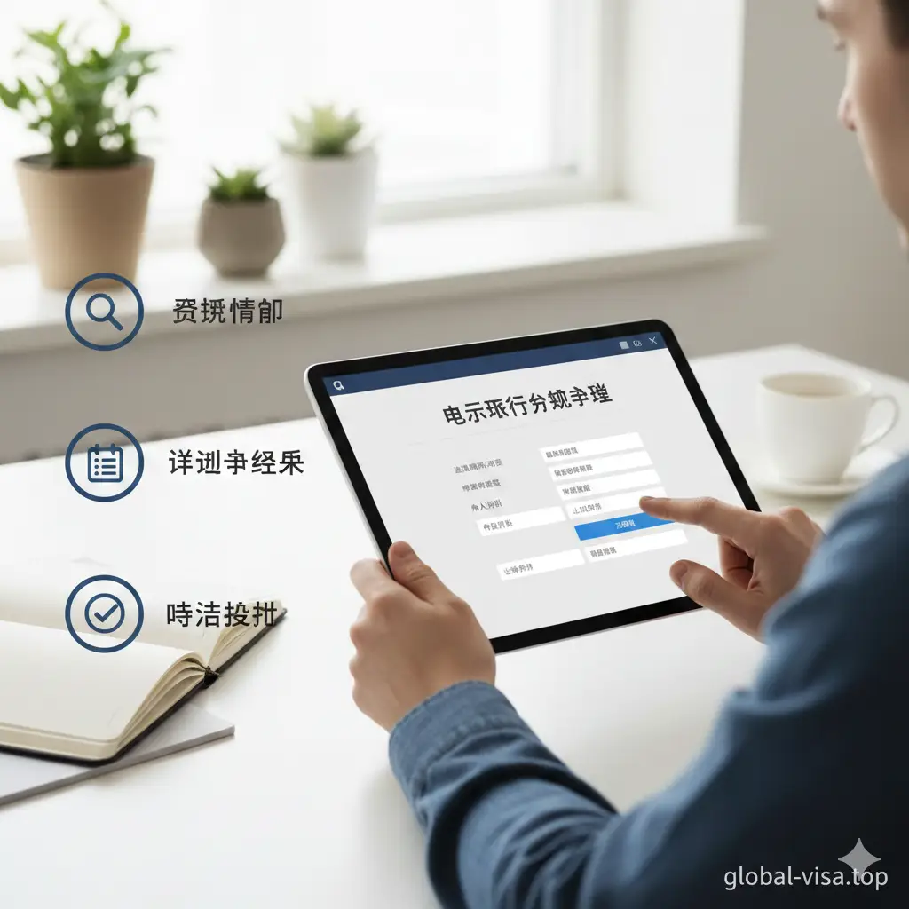 一张清晰的教程指导图，展示一个人在明亮的现代办公室内使用平板电脑申请K-ETA或NZeTA的场景。屏幕上显示出简洁的申请表格界面，背景略微模糊，聚焦在操作的手部。侧边加入简洁的步骤引导图标（搜索、填表、获批）。风格清新、居家办公感强，色调以自然的采光色为主，体现出电子旅行授权申请的便捷性与轻松感。