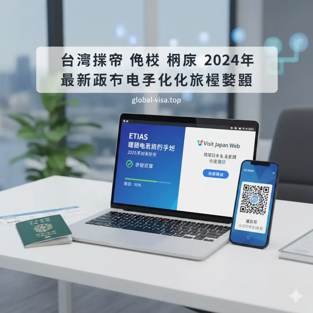 一张现代科技风格的插图或实拍合成图,展示笔记本电脑屏幕上显示的‘ETIAS’欧盟电子旅行许可申请界面以及‘Visit Japan Web’的登录页面。旁边放置着台湾护照、登机牌和一部智能手机,手机屏幕显示QR Code通关码。画面中加入绿色的勾选符号和进度条元素,象征申请流程简单快捷,帮助用户理解2025年的新政策及电子化入境流程。