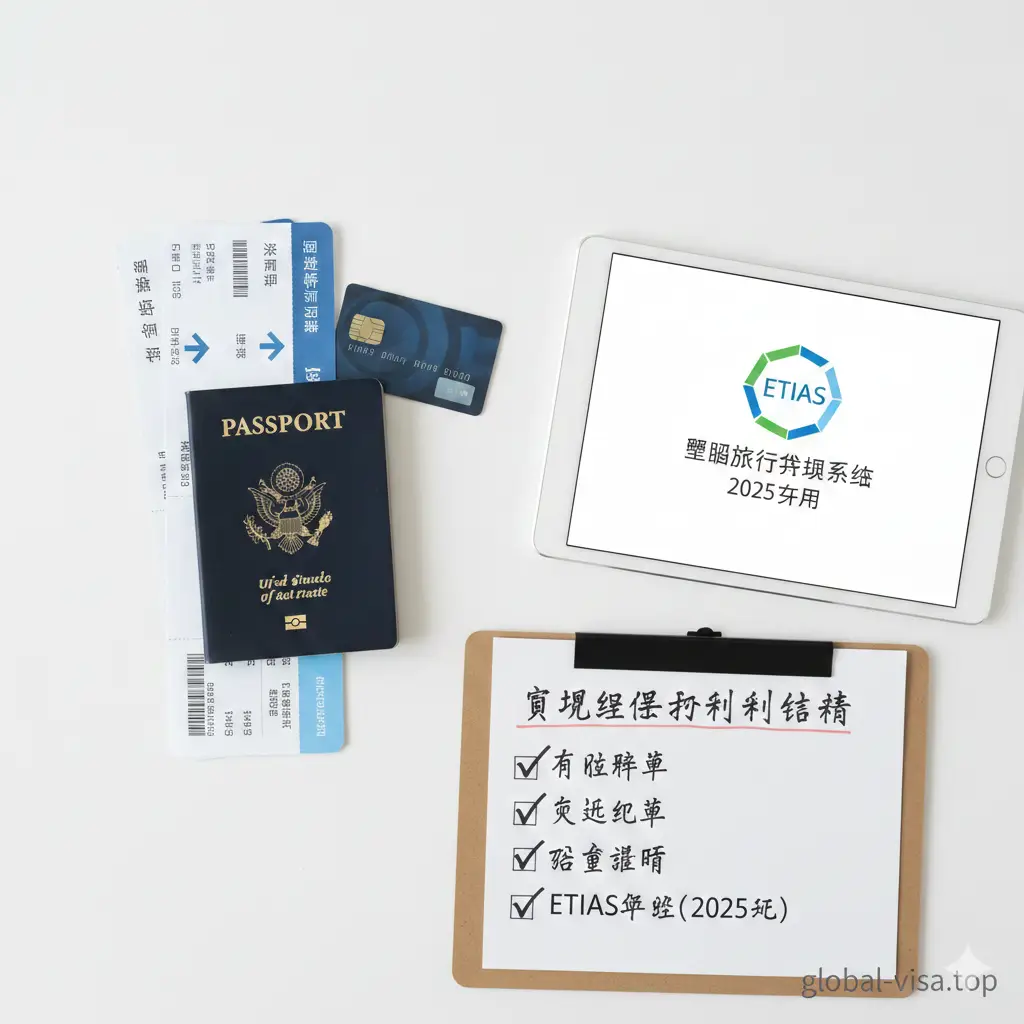 一张整洁的桌面俯拍（Flat Lay）图片，展示冰岛旅行前的必备文件清单。画面包含一本打开的美国护照（重点展示有效期）、一张返程机票打印件、一张国际信用卡，以及一个显示着‘ETIAS’标志和‘Coming 2025’字样的平板电脑屏幕。旁边放着一个带有勾选标记的写字板，象征入境检查清单（Checklist）已完成，风格明亮、清晰，具有指导意义。