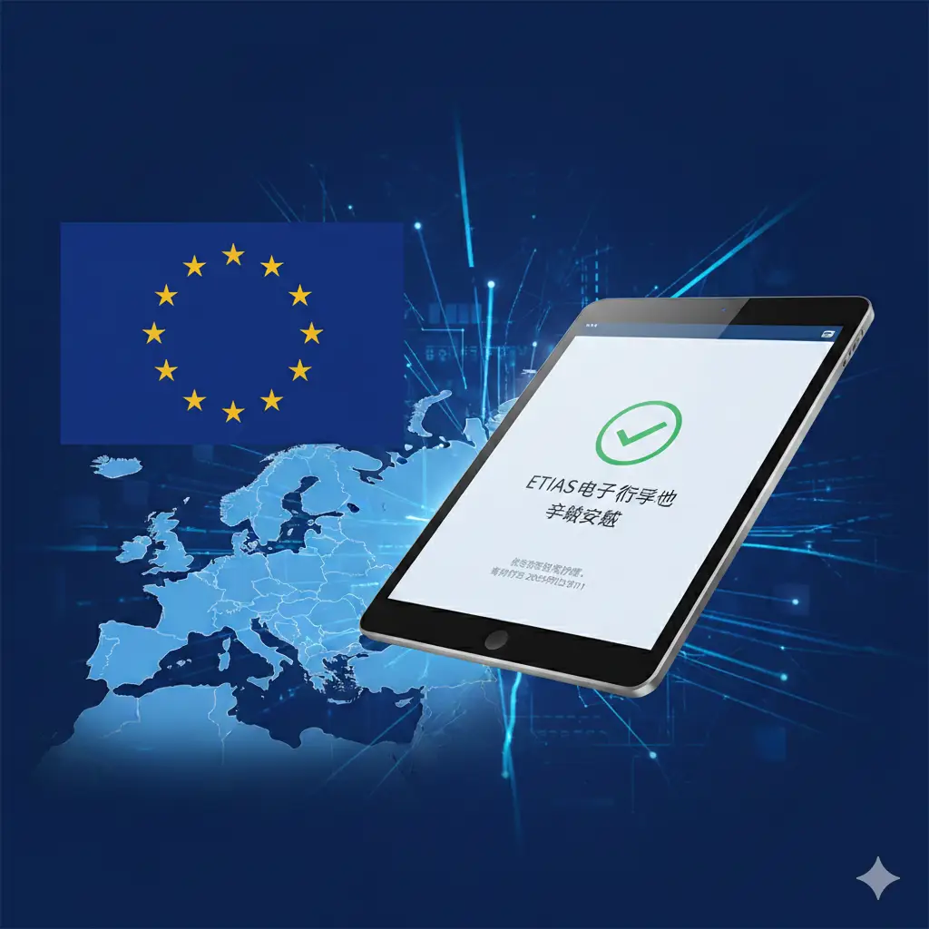 展示2025年欧洲旅行新规的视觉图。画面左侧呈现标志性的欧盟旗帜与申根区地图，右侧是一个现代化的平板电脑显示器，屏幕上正显示着ETIAS电子旅行许可的申请成功界面。背景融合了数字化光束元素，象征着便捷的在线审批流程。色彩以科技感十足的蓝色和亮白色为主，构图简洁明快，体现出政策的现代感与合规性。