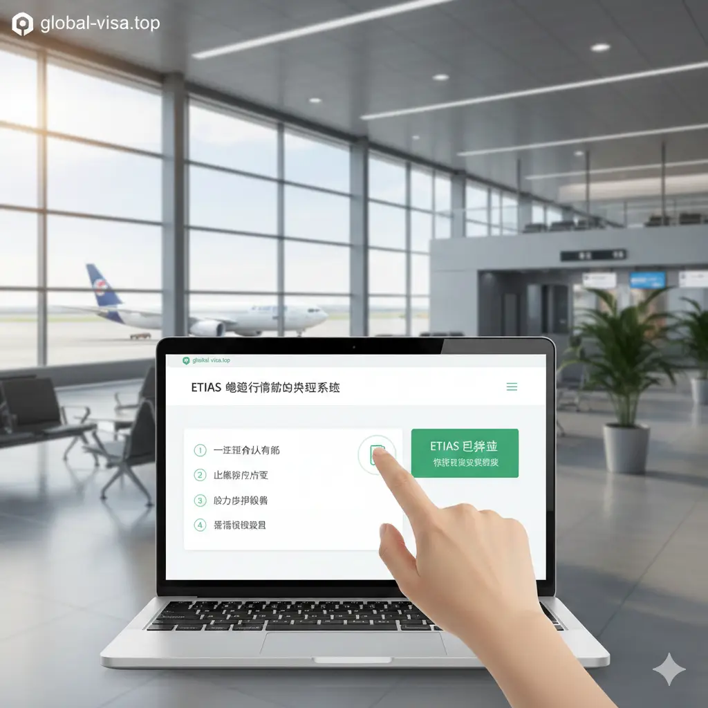 一张关于2025年ETIAS在线申请的教程示意图。画面展示一只手正在操作平板电脑或笔记本电脑,屏幕上显示着整洁的电子表单和‘ETIAS Approved’字样。背景是一个现代化的机场候机厅,模糊可见起飞的飞机。色调明亮、通透,展现出数字化申请的便捷性,通过分步式UI元素引导读者理解未来的电子授权流程,构图聚焦于屏幕交互。
