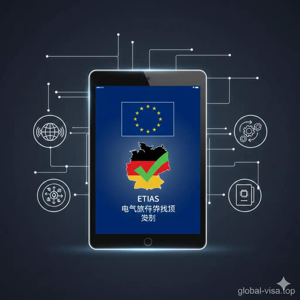展示未来2025年ETIAS新政的功能性示意图。画面中心是一个平板电脑或智能手机屏幕，屏幕上显示着带有欧盟旗帜、德国地图以及ETIAS电子许可获批的对勾标志。周围环绕着简约的科技感图标，如全球连接、数字化申请流程。色彩以德国国旗的黑红金与欧盟的深蓝为主调，风格现代且具有权威性，强调数字化准入规则。