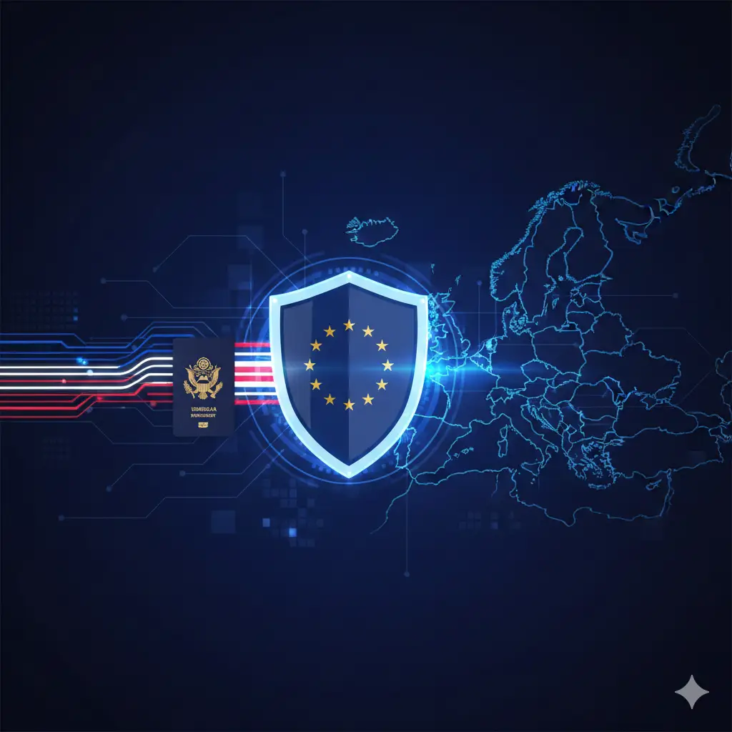 设计一张具有现代科技感的概念插图，用于解释ETIAS系统。画面中心是一个发光的数字盾牌图标，上面印有欧盟星环，象征安全筛查。左侧是美国国旗样式的光流汇入盾牌，右侧连接着欧洲申根区的地图轮廓。背景采用科技蓝和深紫色调，带有流动的数据线条，风格专业、权威且简洁，视觉上强调ETIAS作为旅行授权而非签证的电子化和便捷特性。