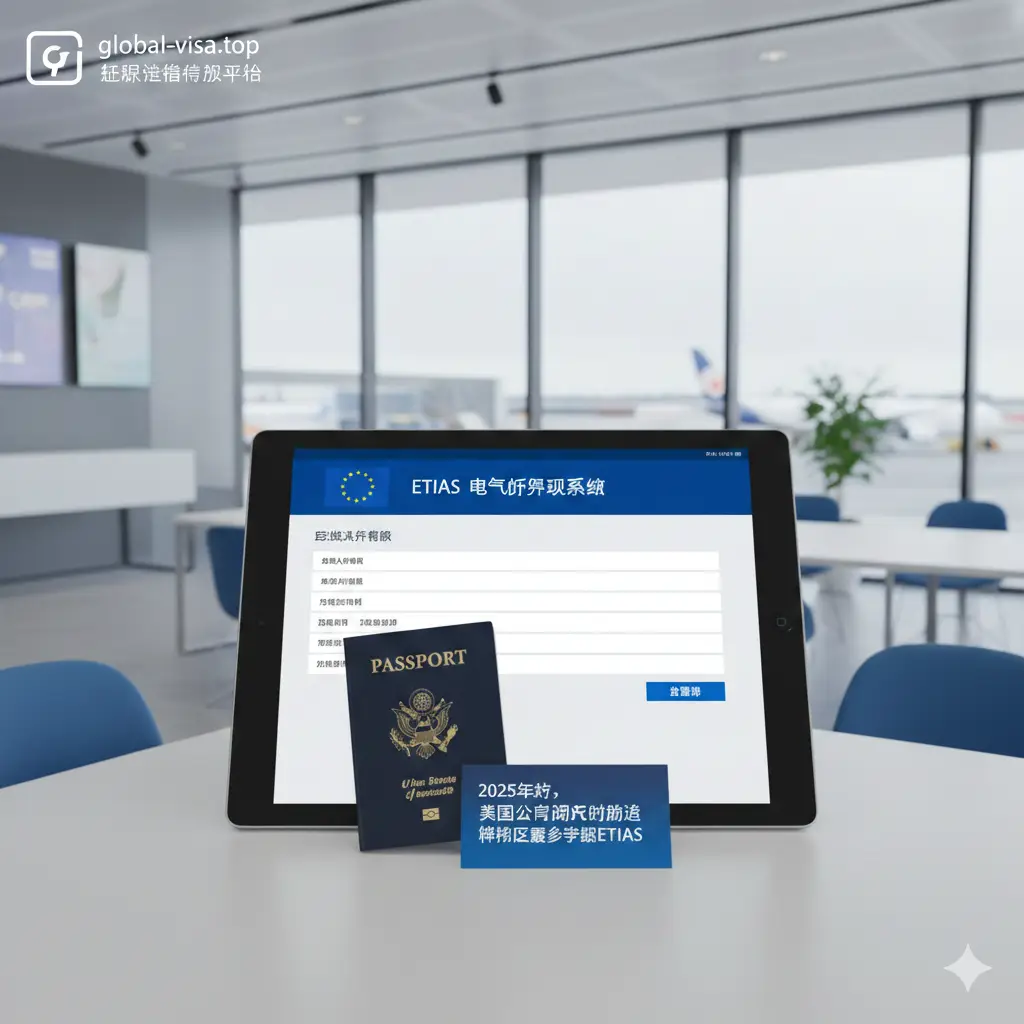 功能展示图，重点呈现2025年即将实施的ETIAS电子旅行授权系统。画面中心是一台平板电脑，屏幕上显示着带有欧盟旗帜的数字化旅行申请表单，旁边放置着美国护照。背景为干净的现代办公环境或机场贵宾厅。色调以科技蓝和白色为主，视觉重点突出‘电子授权’和‘2025新规’的现代感与强制性，风格简约专业。