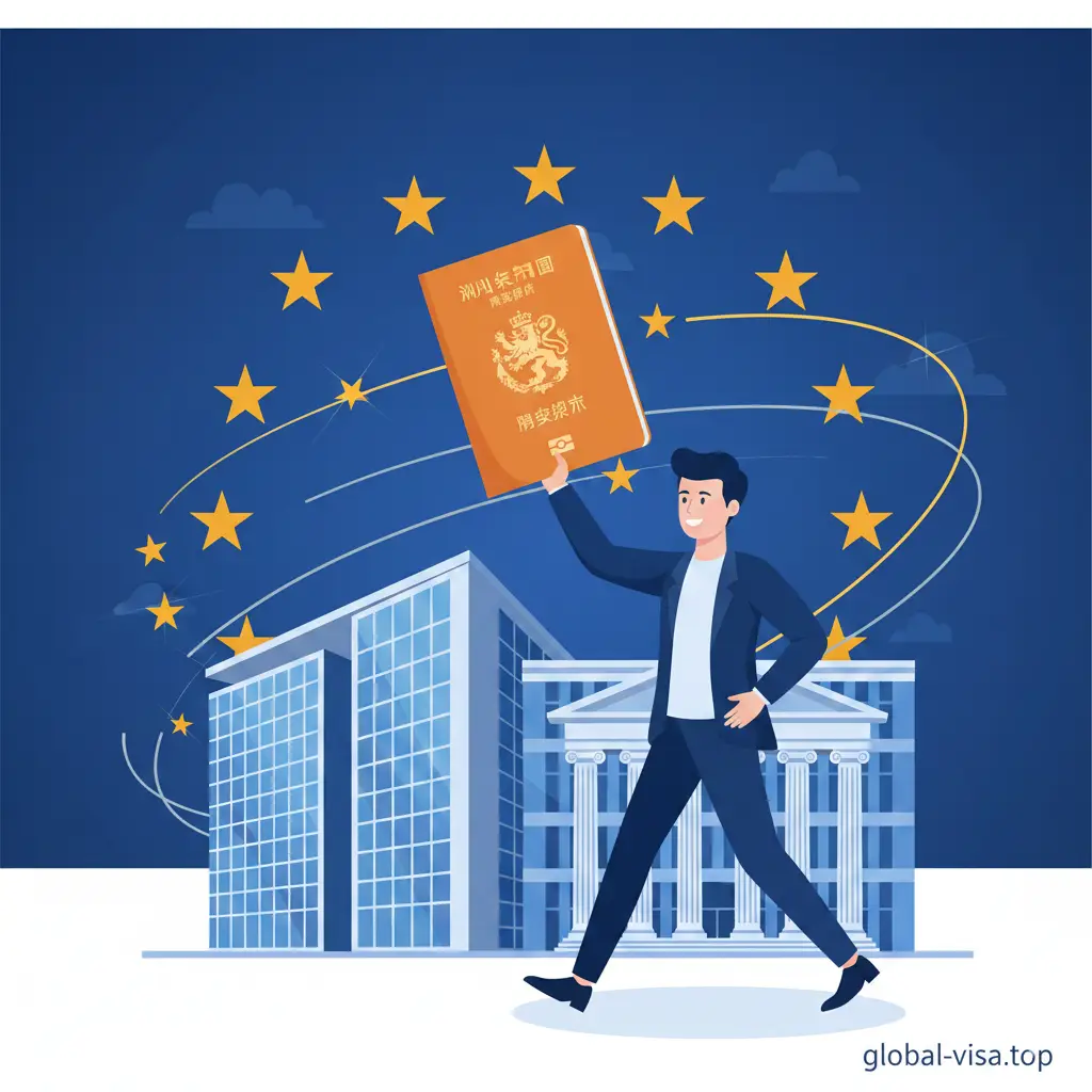 体现荷兰护照作为欧盟公民身份优势的插图。画面展示一个手持荷兰护照的人正自信地步入欧洲议会风格的建筑或现代化的国际办公区。背景中融合了欧盟旗帜的蓝色与星形元素，象征着在欧洲自由工作、居住和学习的权利。色调以商务蓝和纯净白为主，画面动感积极，构图具有开阔的视野感。