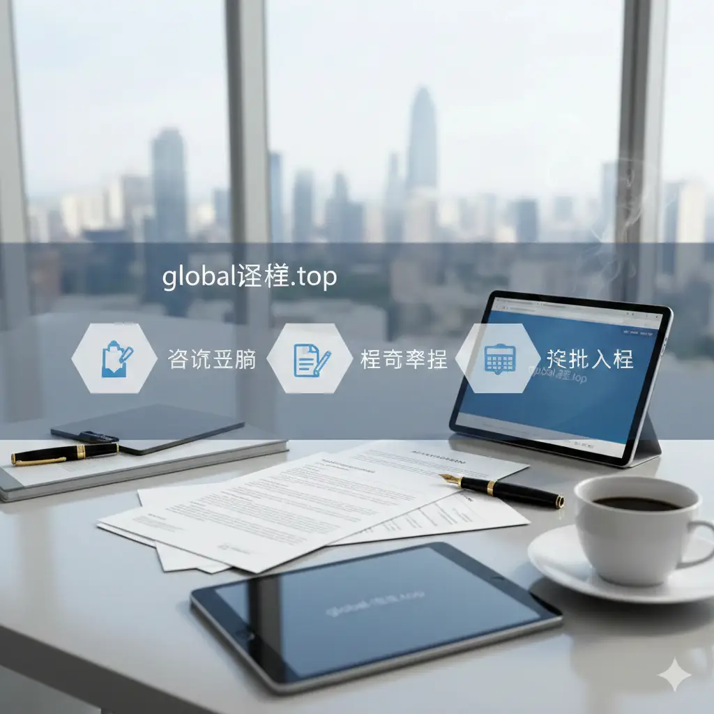 一张清晰的流程指引图片。桌面上有序摆放着申请文件、一支高端钢笔、一台显示着global-visa.top官方网站页面的平板电脑以及一杯咖啡。背景是明亮的现代化办公室。画面通过分层构图展示了从咨询、准备材料、递交到获批的步骤感。光线自然明亮,风格简约专业,旨在降低读者的认知负担,体现申请流程的透明度与专业指导。