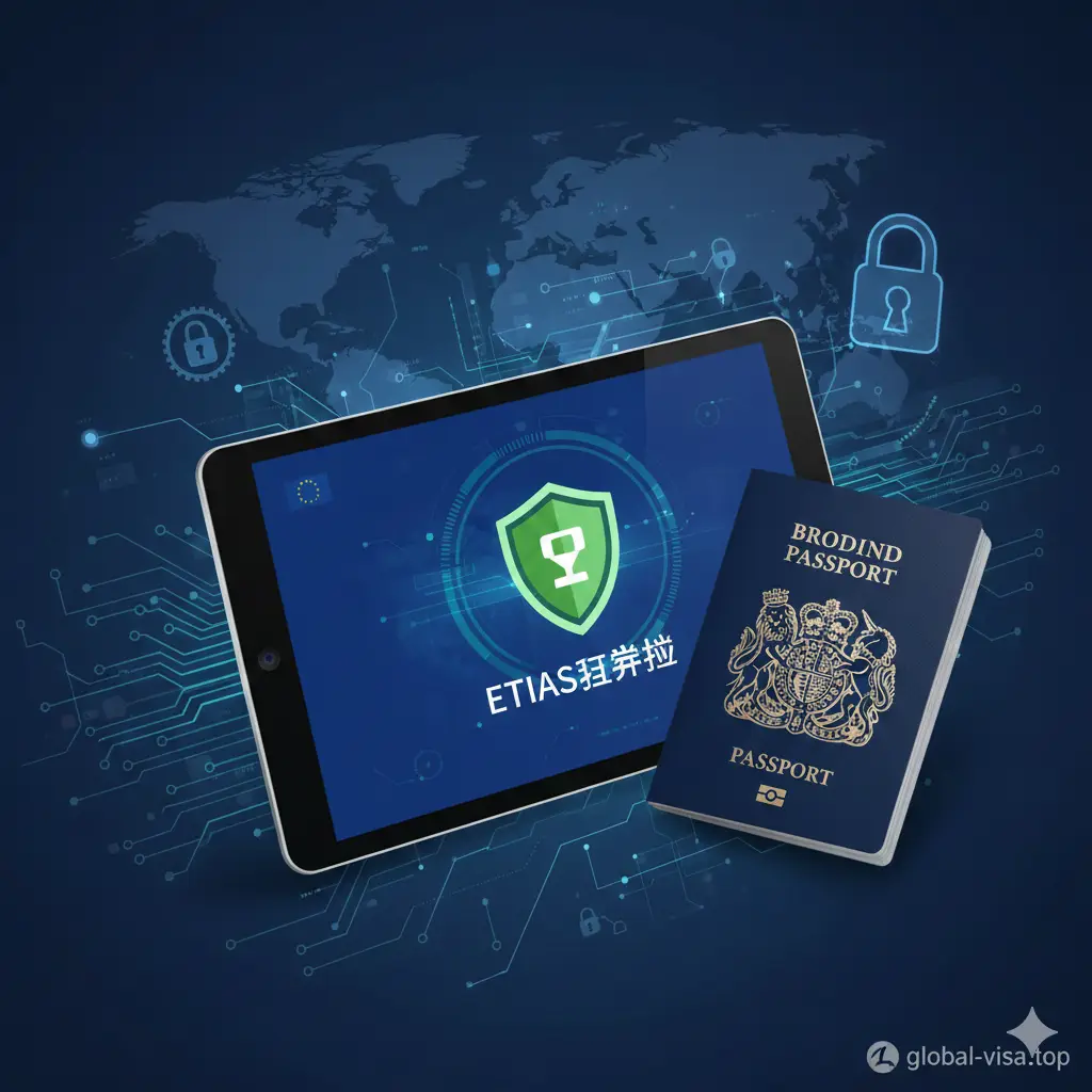 一张现代化的概念插图，专门用于解释ETIAS（欧洲旅行信息与授权系统）。画面中心是一个平板电脑或智能手机屏幕，显示着带有欧盟旗帜背景的'ETIAS Approved'（ETIAS已批准）绿色盾牌图标，旁边摆放着一本英国护照。背景融合了数字安全元素，如数据流和锁形图标，象征着英国脱欧后前往欧洲的数字化新规。色彩采用欧盟蓝和科技白，以此强调文章中关于ETIAS新规的重要警示。