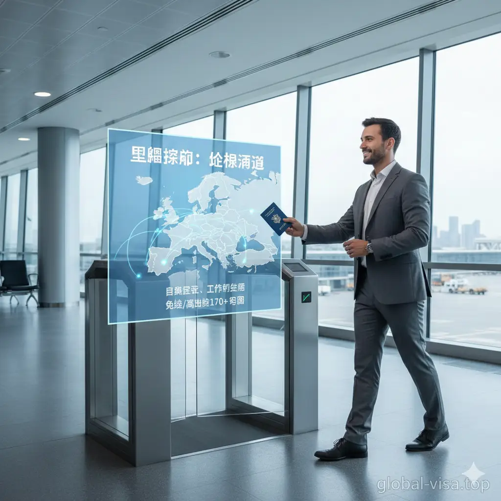 展示欧盟护照核心功能的视觉图片。画面呈现一个现代化的机场头等舱休息室背景,一名商务精英人士正自信地通过自动登机口。画面侧重于展示“自由迁徙”的概念,半透明的UI界面悬浮在空中,显示着欧洲地图和27个成员国的高亮连线。风格现代且具有科技感,色彩以亮白色和清新蓝为主,构图采用对角线透视,强调通行无阻的便利性。