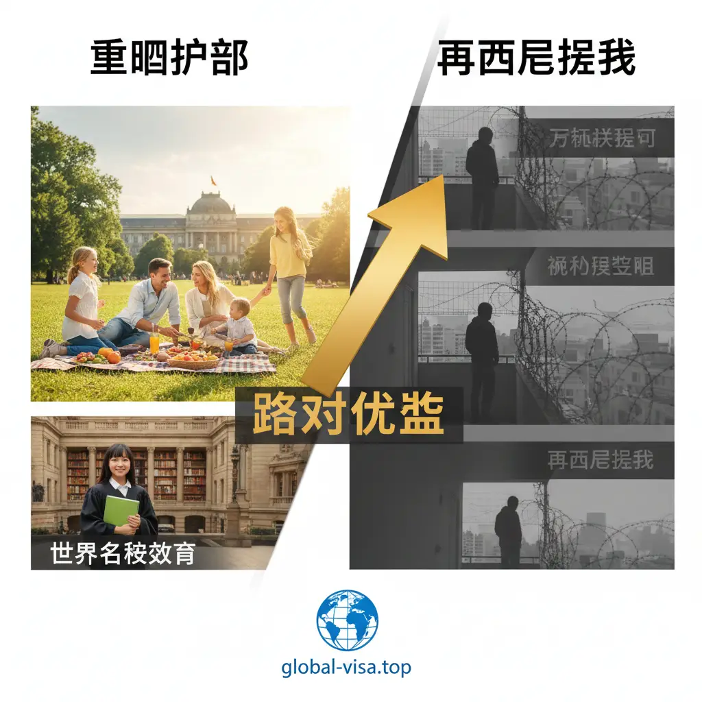 对比优势的视觉呈现。采用左右分割或对比构图,左侧代表欧盟护照,色彩更明亮,展示全家在柏林公园草坪上野餐、孩子在知名大学读书的温馨画面;右侧代表普通居留权,色彩略显压抑,带有条框限制的意象。中间由一个代表“跨越”的金色箭头连接。强调护照在教育、福利、居住权上的绝对压倒性优势,色彩饱满,充满人文关怀。