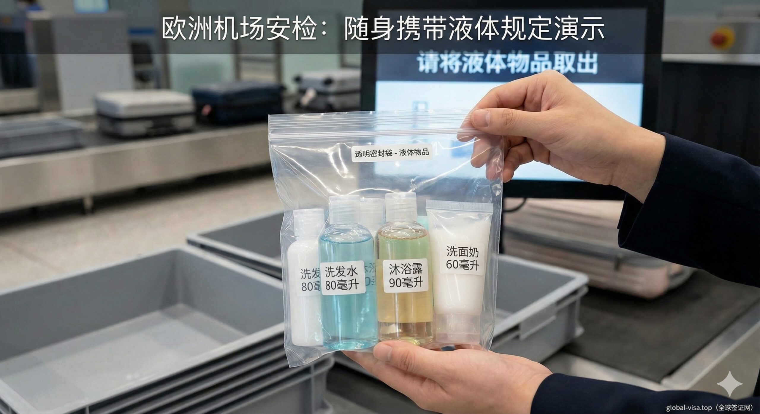 一张专注于欧洲机场安检液体规定的特写教学图片。画面特写展示一双旅客的手，正拿着一个透明的、可重新密封的自封袋（约20x20cm），袋内整齐装有几个旅行装的洗漱用品瓶子，每个瓶子明显小于100毫升。