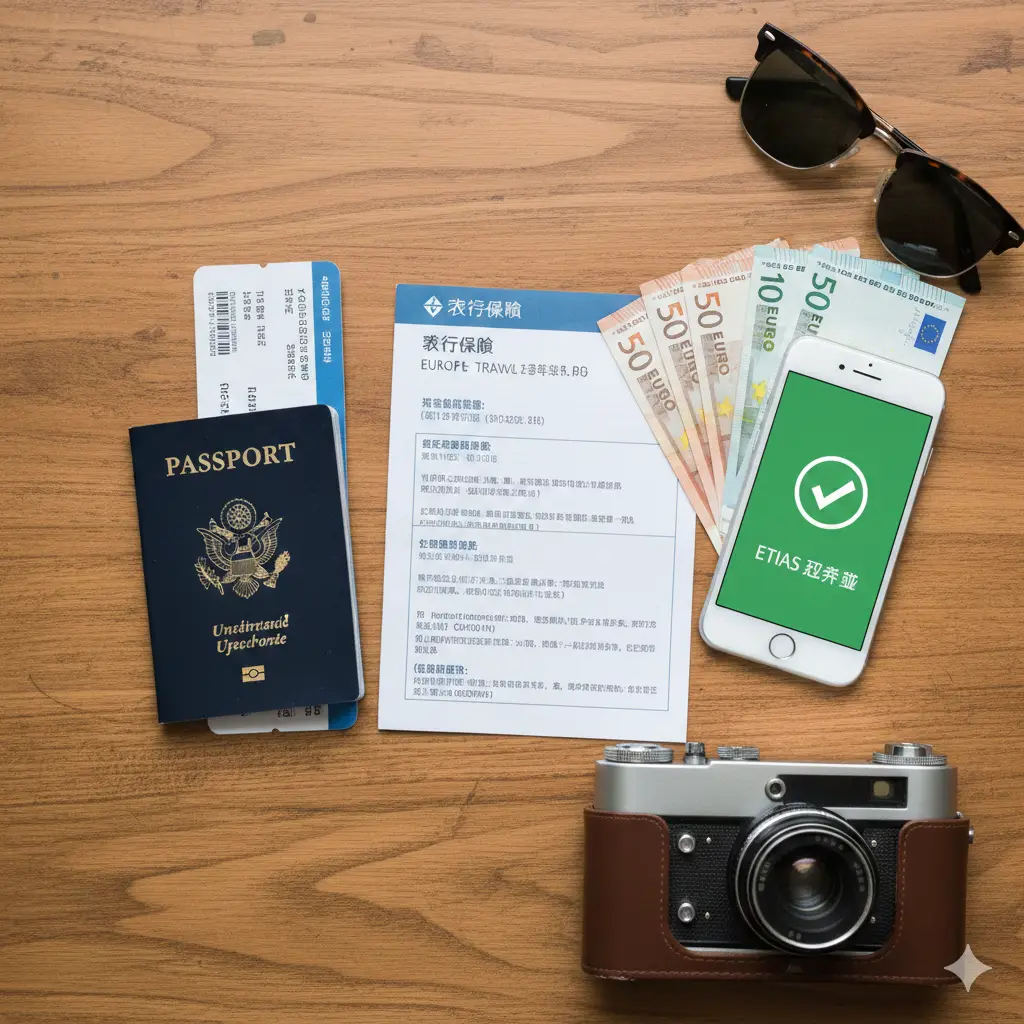 一张精心布置的俯拍平铺图（Flat-lay），展示行前准备清单。在质感细腻的木纹桌面上，整齐摆放着一本美国护照、一张飞往欧洲的登机牌、一份打印好的旅游保险单据，以及一部屏幕显示'ETIAS Approved'绿色勾选界面的智能手机。旁边散落着墨镜、欧元纸币和一台复古相机。色调温馨、整洁，充满生活气息，象征着一切准备就绪，以此总结文章并鼓励读者做好充分准备。