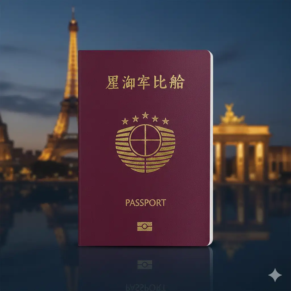 一张极具质感的封面大图。画面中心是一本深红色的欧盟护照,封面上的金色欧盟标志和文字在柔和的写实灯光下熠熠生辉。背景是模糊的欧洲标志性建筑群(如埃菲尔铁塔、罗马斗兽场和勃兰登堡门)的黄昏剪影。色调采用高级的深蓝与金色的冷暖对比,营造出一种高端、权威且极具身份感的视觉氛围,构图采用中央聚焦式,展现顶级身份规划的意境。