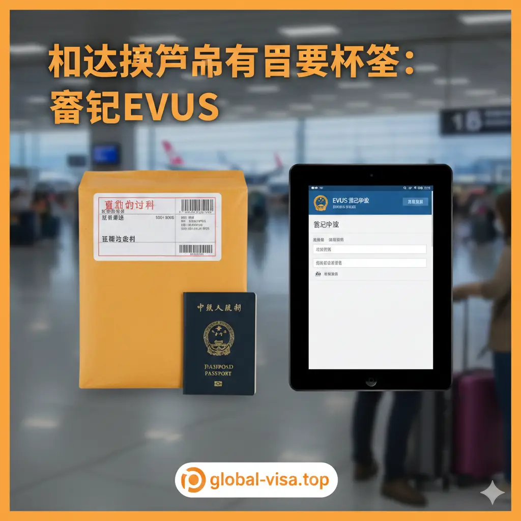 一张强调后续步骤的总结提醒图。画面左侧是一本刚刚寄达、还未拆封的快递信封，右侧是一部显示着EVUS登记页面的平板电脑。画面上方有醒目的文字提醒‘拿到护照后首要任务：登记EVUS’。背景是机场出发大厅的虚化景象，营造出即将启程的氛围。色彩对比鲜明，利用橙色作为警告色提醒注意事项，构图简洁有力，引导用户完成最后的转化步骤。