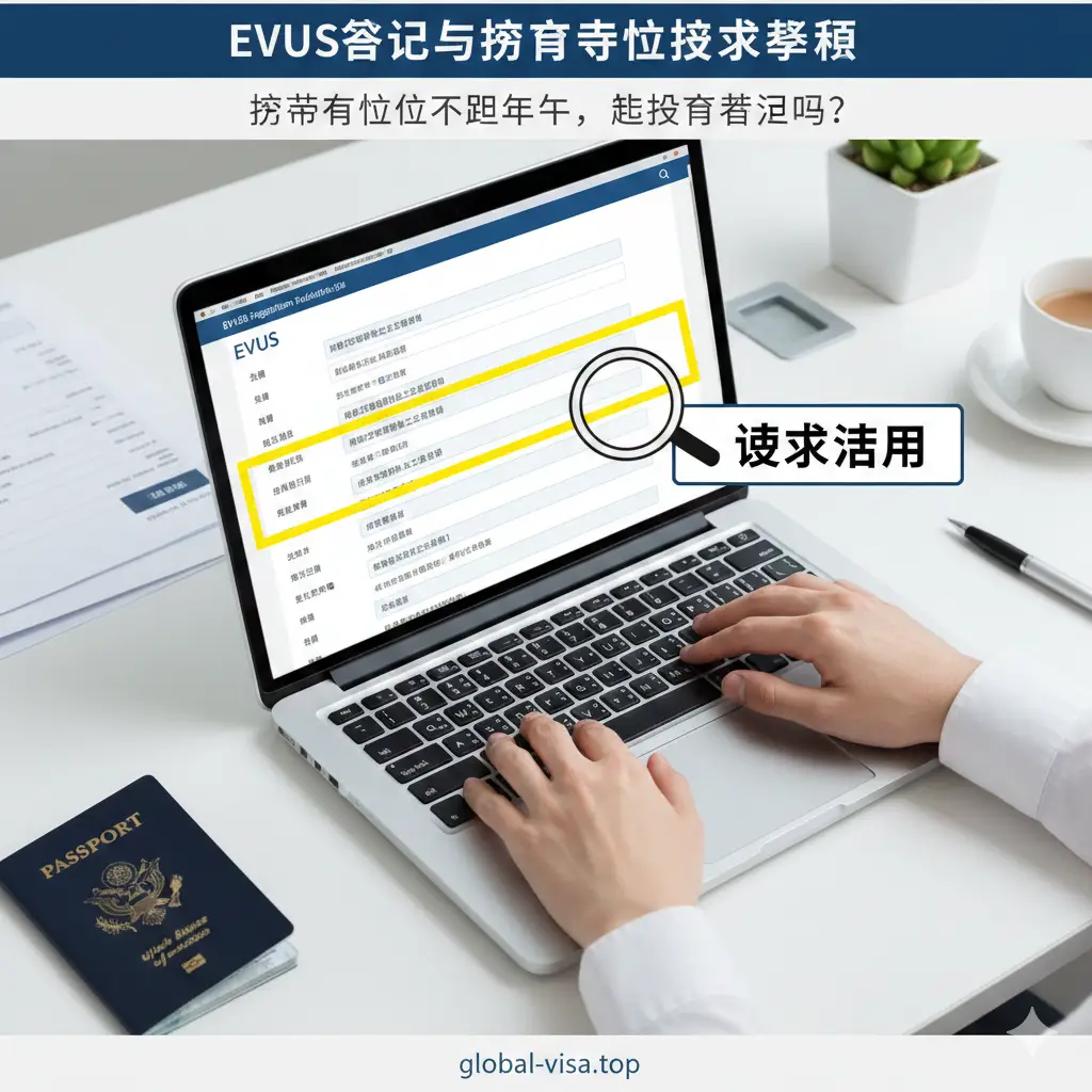 一张详细的EVUS登记与护照检查教程图。画面展示了一只手正在笔记本电脑上操作EVUS申请页面，屏幕上高亮显示护照有效期填写框。周围漂浮着放大镜图标和‘Check Validity’的提示标签。构图采用俯视视角，桌面整洁且职业化，色调明快自然，引导读者关注实操步骤中的关键检查点。