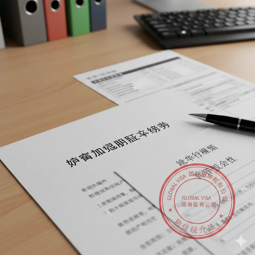 一张高品质的实拍风格图片，特写展示桌面上准备好的‘加急申请书’文档。纸张质感清晰，旁边放着一只签字笔、打印好的机票行程单和一张红色的公司公章（或单位介绍信），营造出材料齐全、准备充分的氛围。景深较浅，焦点聚集在申请书的标题位置，强调文档准备在加急流程中的核心作用。