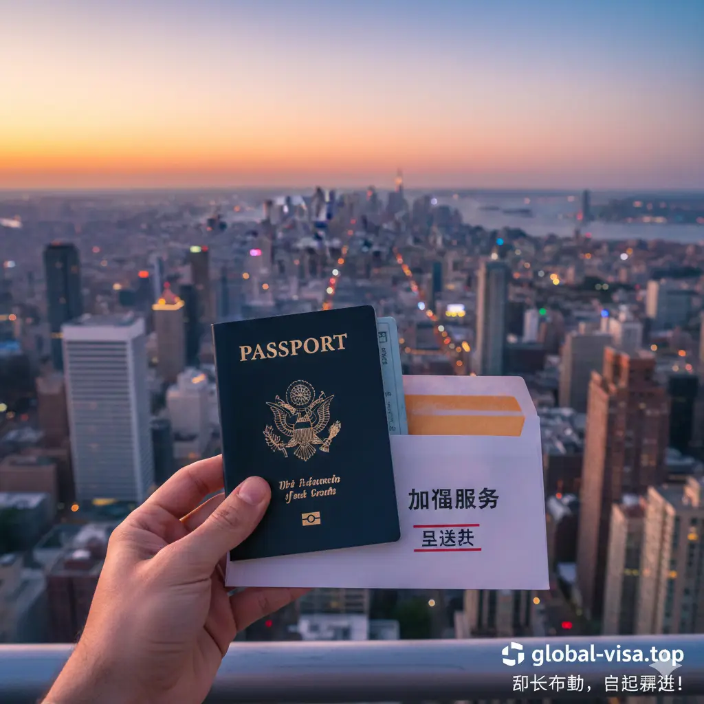 一张具有总结意义的视觉图。画面展示一只手拿着刚拆封的新护照和一张写着‘Expedited’(加急)字样的快递信封,背景是繁华的大都市全景。画面构图使用第一人称视角,传递出申请成功的喜悦与解脱感。色调鲜艳明亮,右下角带有global-visa.top的极简Logo,旨在呼吁用户立即行动,结束繁琐流程。