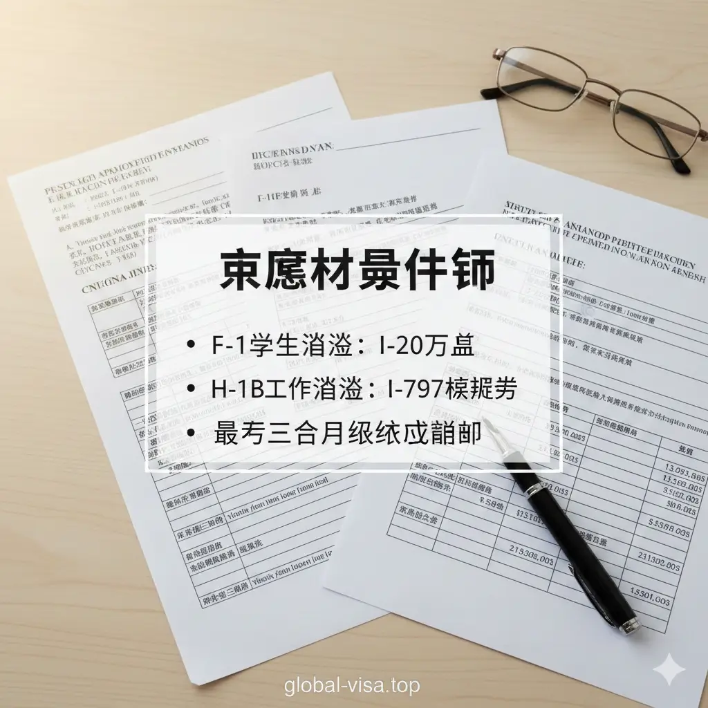 一张写实的桌面教程图片。桌面上整齐摆放着I-20表格、I-797核准书、打印好的银行流水和一张申根签证申请表。旁边放着一支钢笔和一副近视眼镜，光线柔和。图片中心通过叠加半透明的文字框展示‘核心材料清单’，营造出一种手把手教你准备资料的严谨氛围。