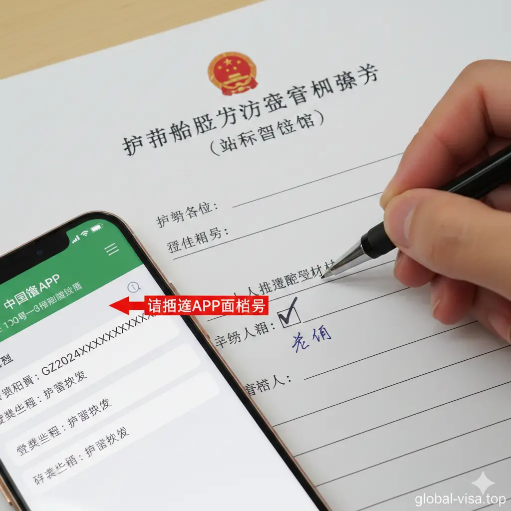 一张特写视角的教程指导图片，聚焦于《护照办理方式确认声明书》的填写细节。画面展示一只手握着钢笔，正在表格的'申请人签名'处进行手写签名，并在'本人选择邮寄递交材料'的选项框内打勾。旁边放置一部手机，屏幕上显示着'中国领事APP'的订单详情页面。