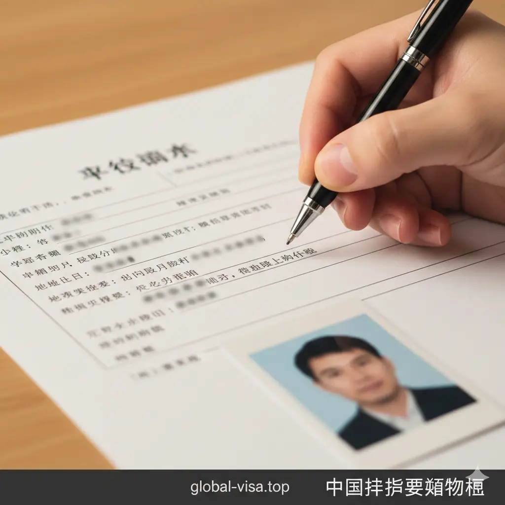 A detailed close-up shot of a hand holding a black ink pen, filling out a form that resembles the US passport renewal document. The focus is sharp on the paper where fields like 'Name' and 'Date of Birth' are visible but blurred for privacy. A professional 2x2 inch passport photo (white background, no glasses) lies next to the form. The lighting is warm and helpful, suggesting a guided, step-by-step tutorial atmosphere. The composition uses a shallow depth of field to draw attention to the act of signing the document.