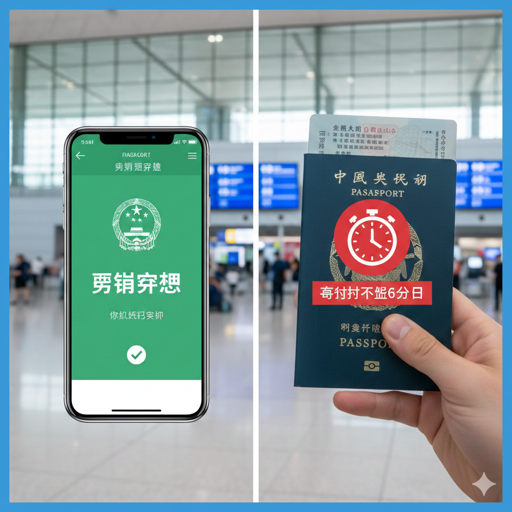 一张极具视觉冲击力的封面图，采用分屏构图。左侧展示一部智能手机屏幕，显示“机票预订成功”的绿色确认界面；右侧是一本护照被一只手拿着，上面叠加了红色的“有效期不足6个月”的警示图标或日历特写。背景是模糊的现代化国际机场出发大厅，光线明亮但带有危机感的对比色调（蓝与红），直观传达“能订票但未必能出行”的核心冲突，风格专业且引人深思。