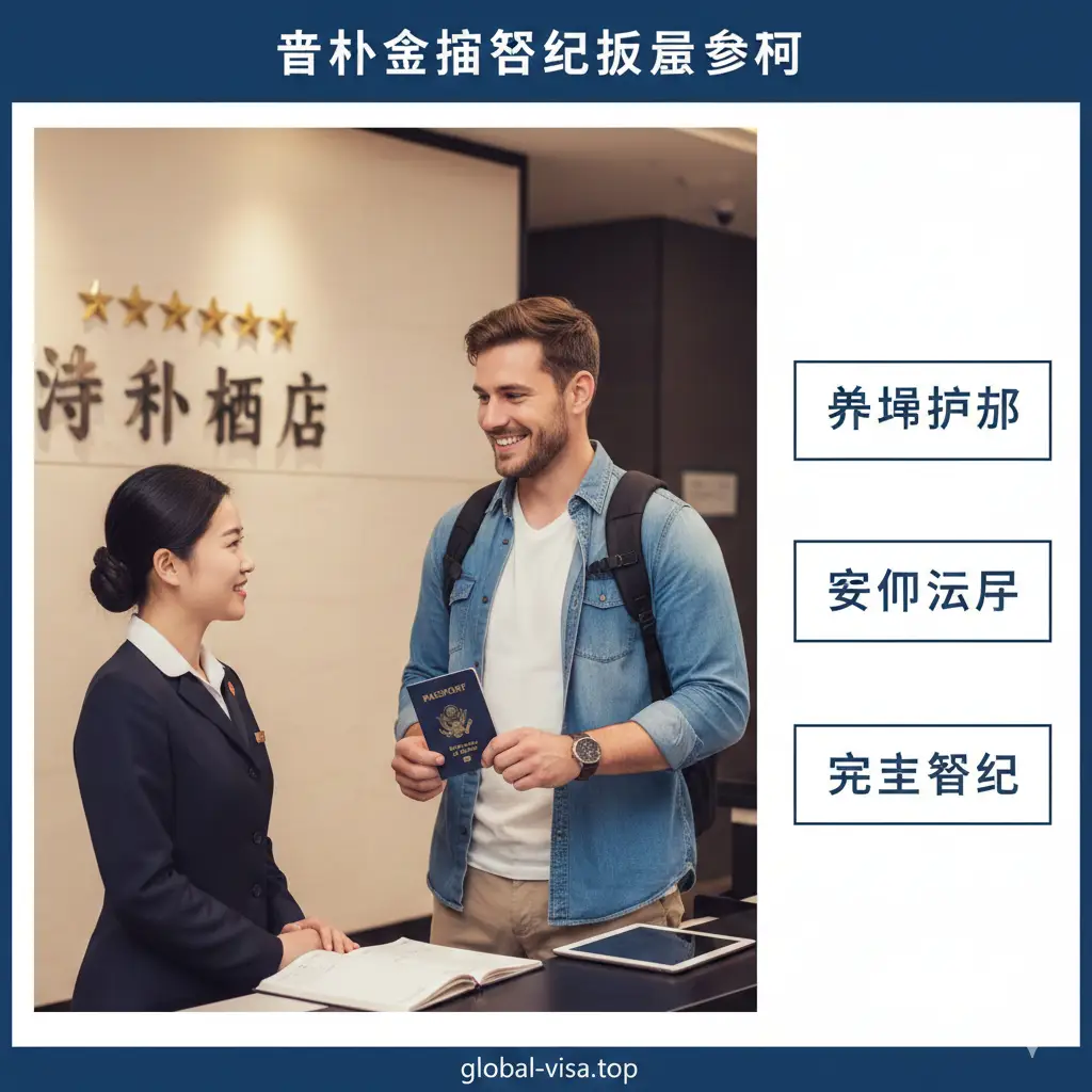 关于涉外住宿登记的流程示意图。画面展示一位外籍游客在现代化的星级酒店前台，手持美国护照办理入住，前台工作人员面带微笑。背景中隐约可见‘涉外酒店’字样。色彩明亮温馨，构图采用中景镜头，强调合法合规的住宿流程，右侧留有空间展示‘准备护照、确认资质、完成登记’的步骤示意感。