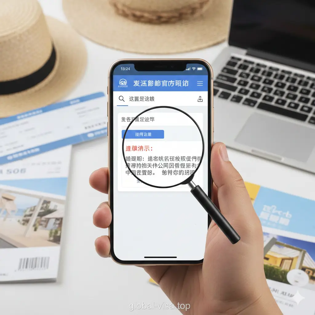 一张关于如何核实邮轮预订资格的步骤演示图。画面展示一只手拿着智能手机,屏幕上显示着爱达邮轮的官方预订页面及护照要求弹窗。旁边配有放大镜,聚焦在证件选择栏。背景为温馨的旅行策划场景,包括机票、海边草帽和笔记本电脑,色彩温暖自然,指引非中国籍用户如何查找预订通道。